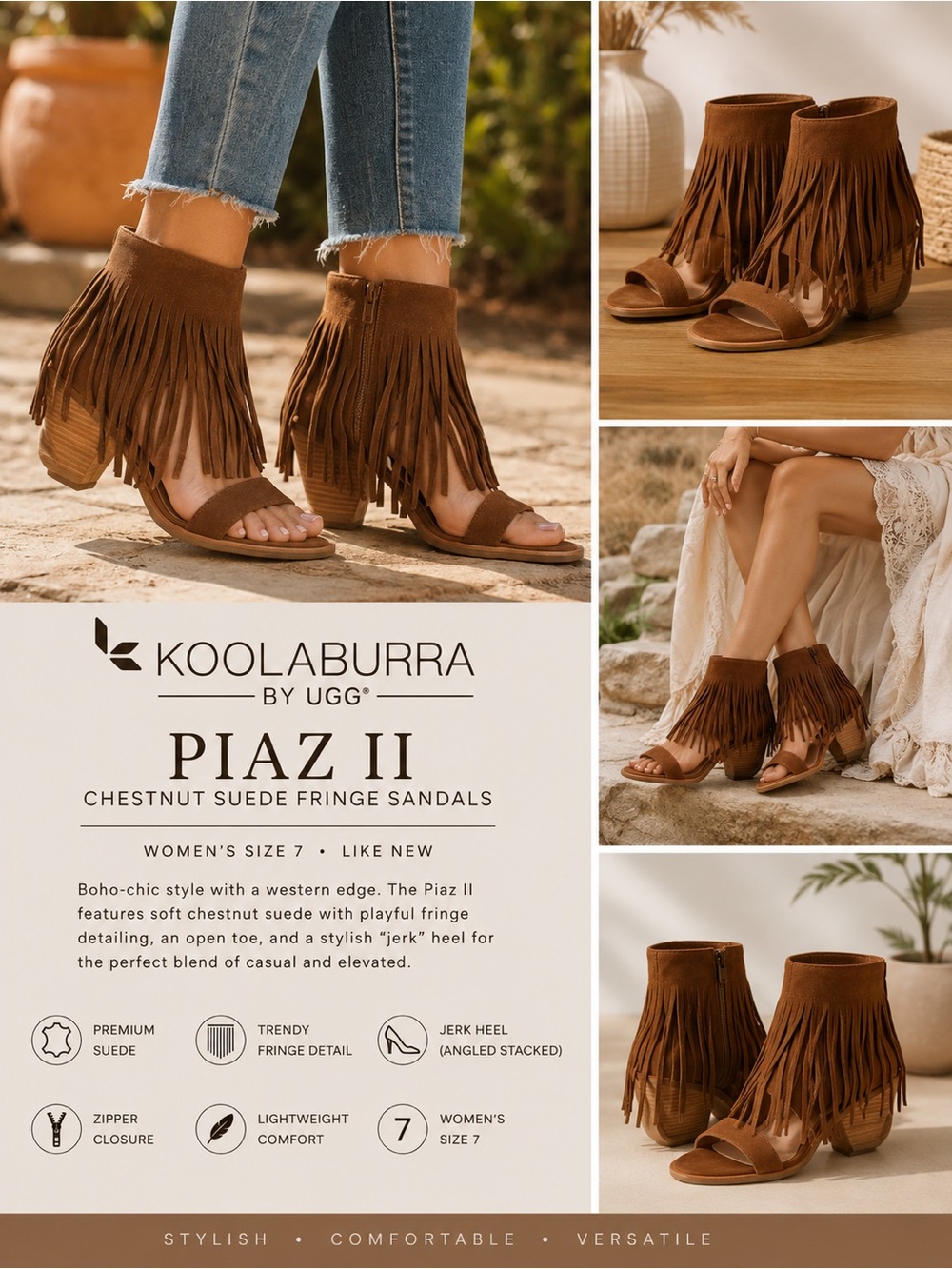 Koolaburra Chestnut Suede Fringe Sandals - Piaz II TRADE OR SELL